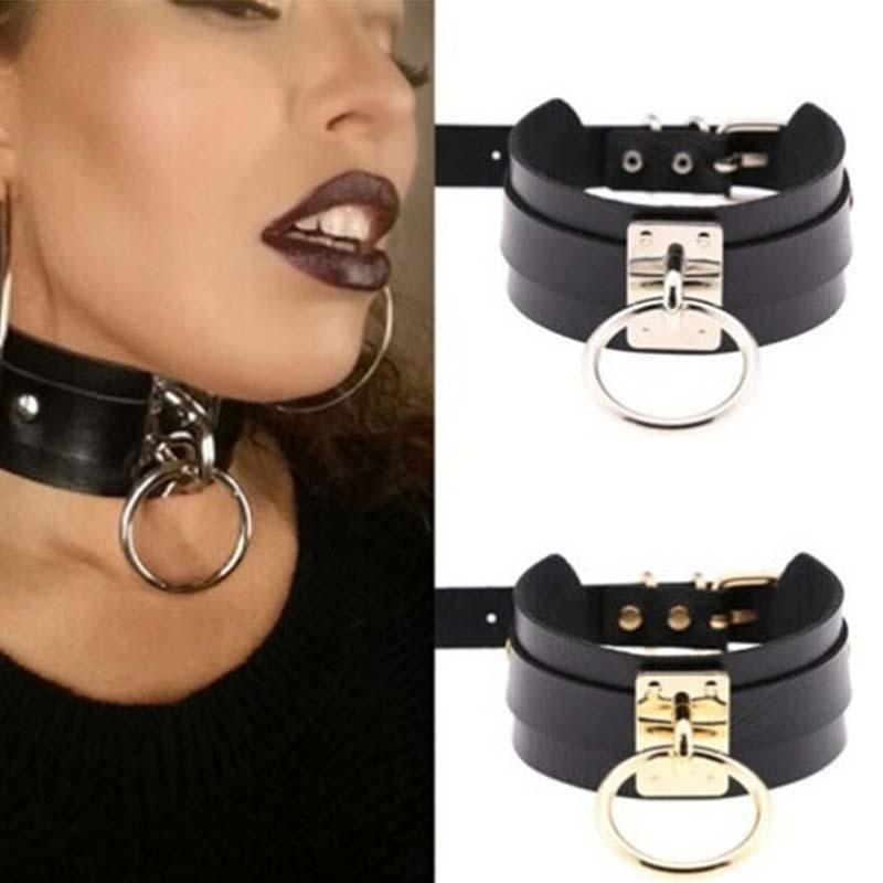 Punk Gothic Breites PU-Leder O-Ring Halsband Choker Halskette Damen