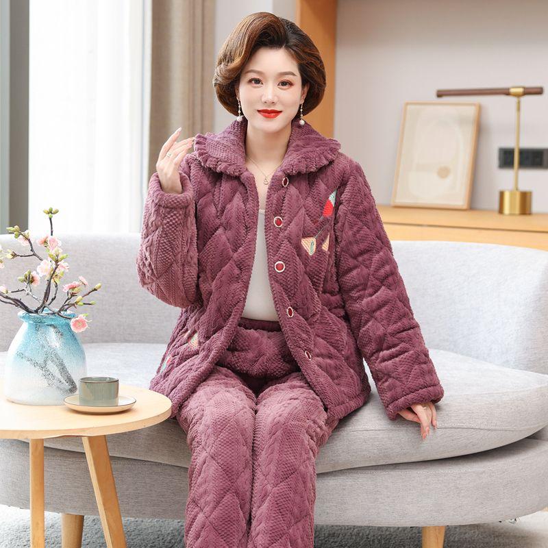 Autumn Winter Women's Padded Thick Coral Fleece Coat and Pants Two-piece Warm Pajamas Set Loungewear