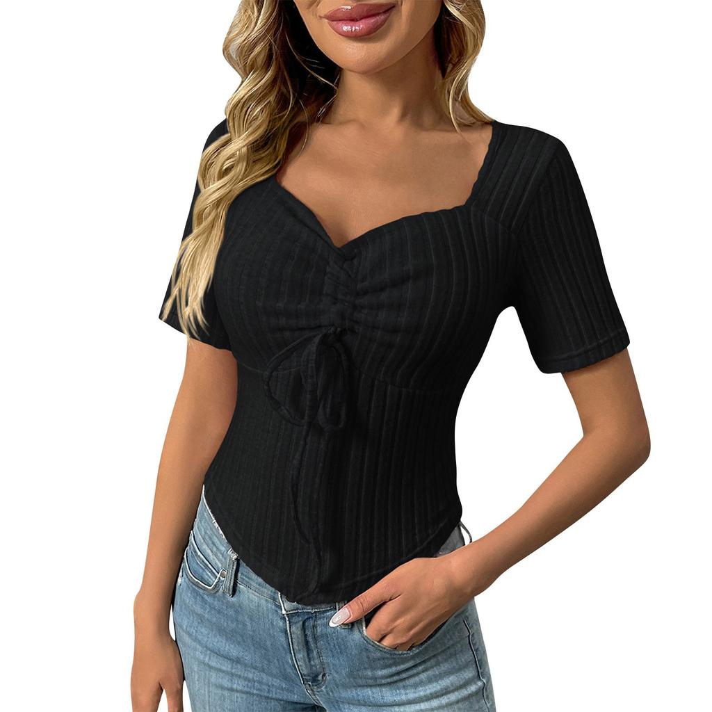 Dámská móda Jednobarevný V výstřih Skládaný Stahovací Šňůrka Sexy Top s Krátkým Rukávem