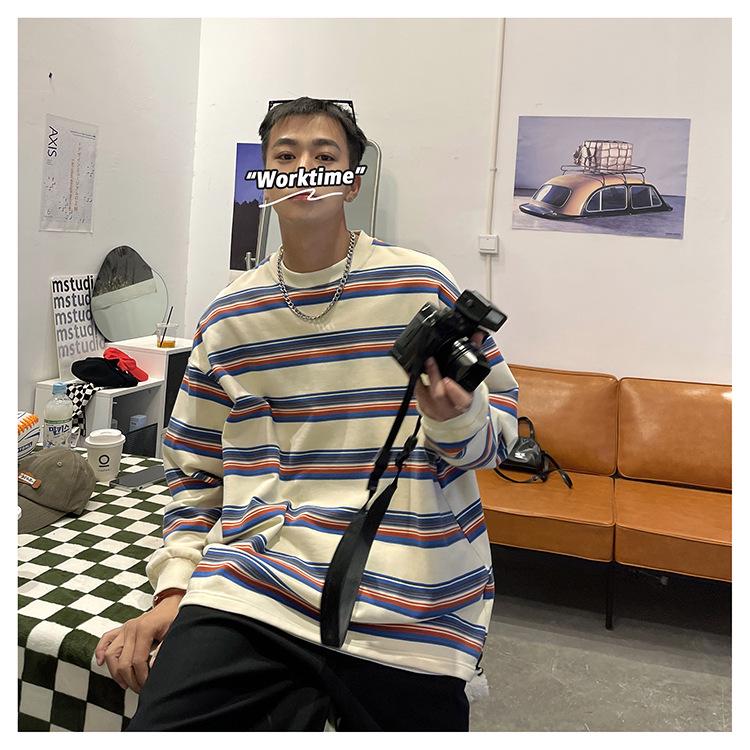 Men's Trendy Color Block Striped Pullover - Casual Loose Fit Round Neck Sweatshirt for Spring & Autumn.