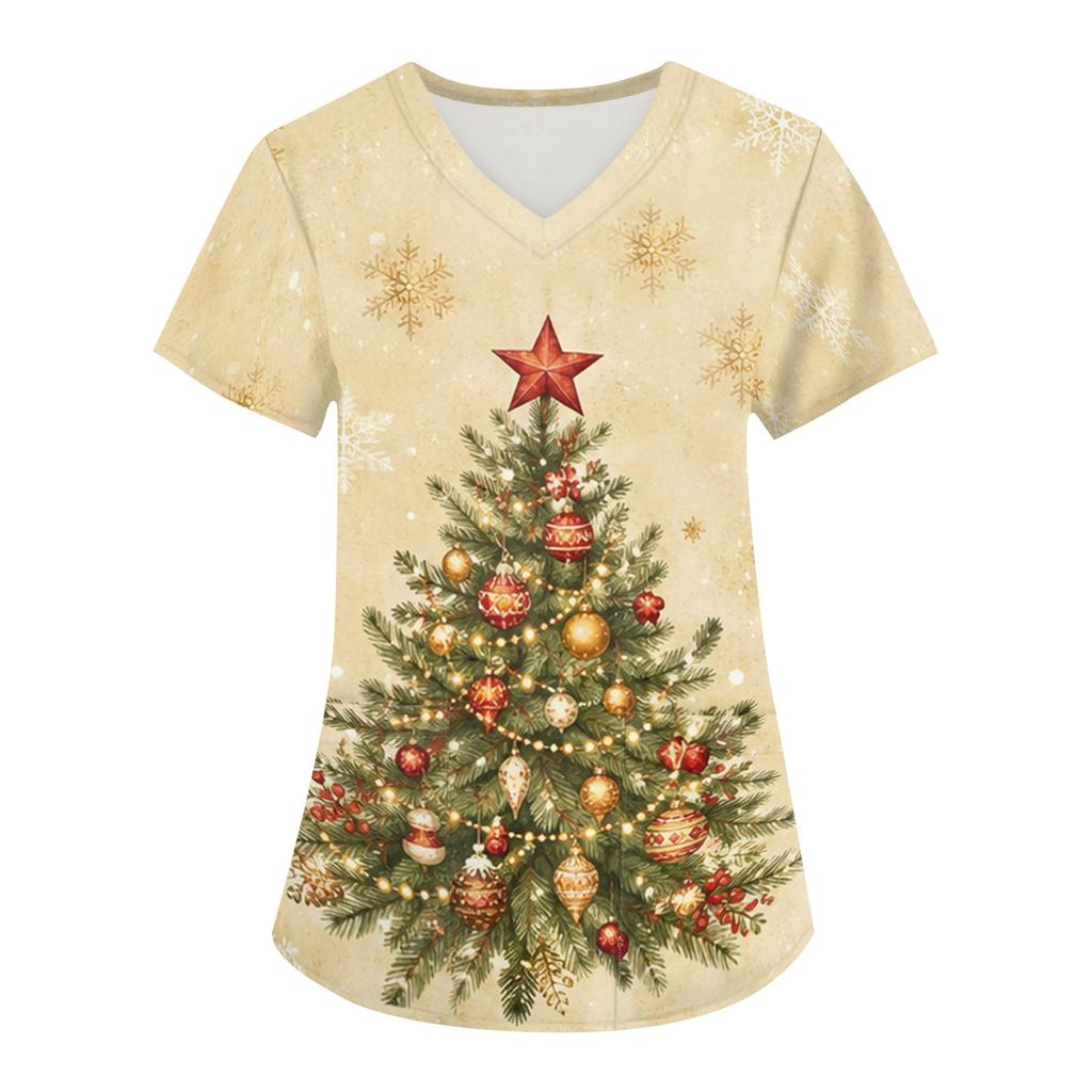 Women's Christmas Uniform V-Neck Short Sleeve Work Top for Caregiver