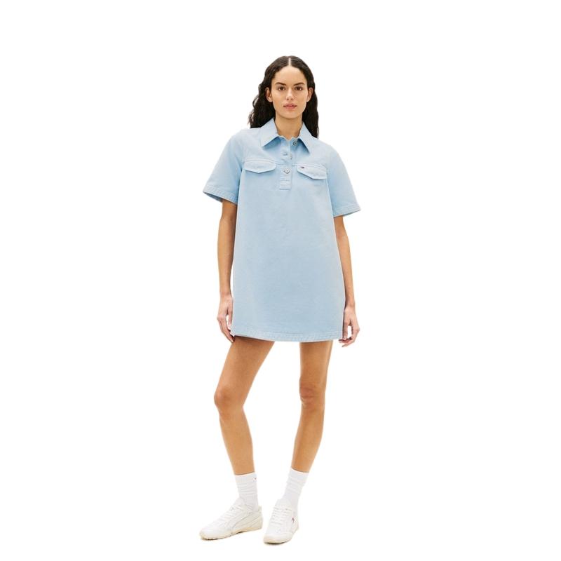 Tommy Hilfiger Cotton Vintage Distressed Work Style Half Placket A-Line Doll Dress Short Sleeve Women dresses DW0DW22349