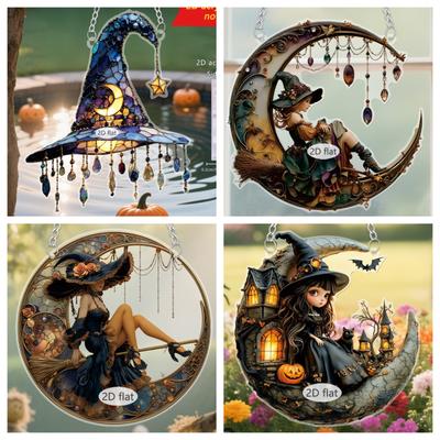 Broomstick Witch Acrylic Hanging Ornament Halloween Decoration For Front Door Window Mantles Indoor and Outdoor Use