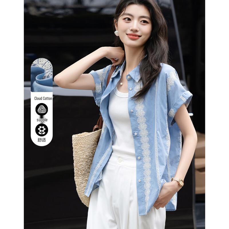 DeMana Women s French Embroidered Cuffed-Sleeve Summer Shirt L
