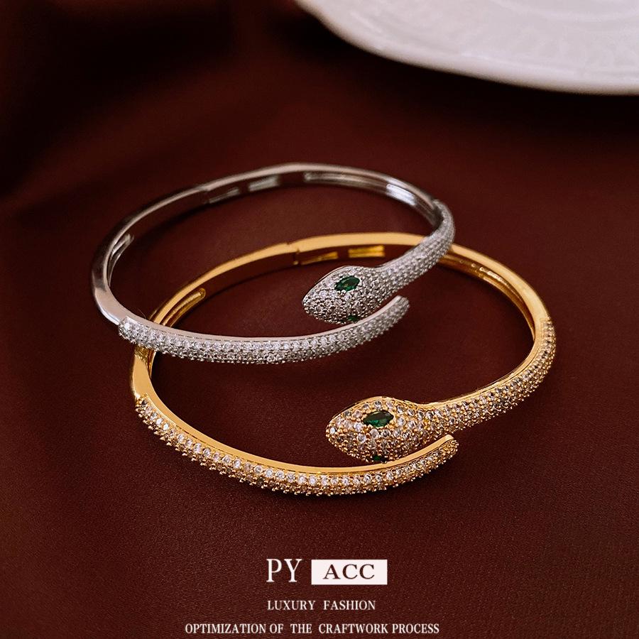 18k Gold-Plated Zircon Snake Bangle: Elegant High-End Fashion Bracelet for Women
