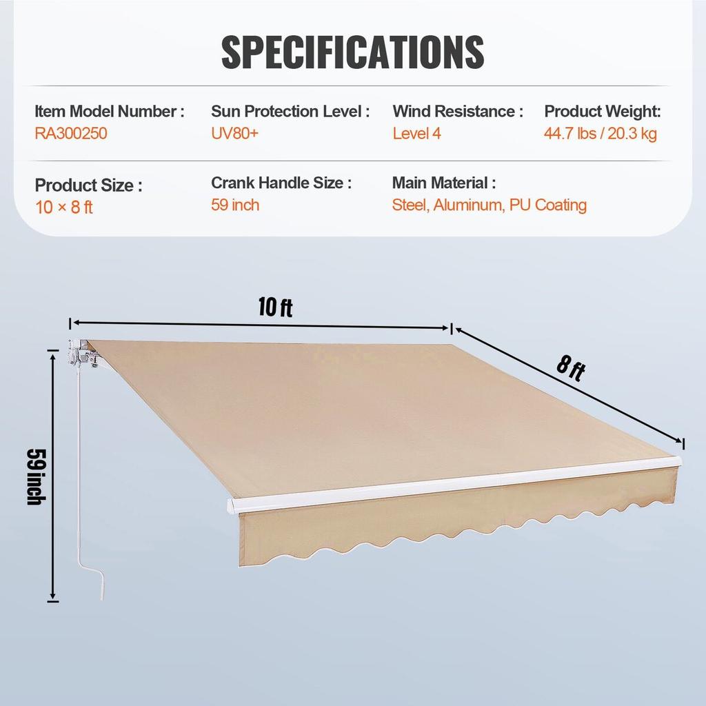 Manual Retractable Awning, 10 x 8 ft Outdoor Patio Awning Retractable Sun Shade, Water-Resistant Polyester Patio Door Window Awning Sunshade Shelter
