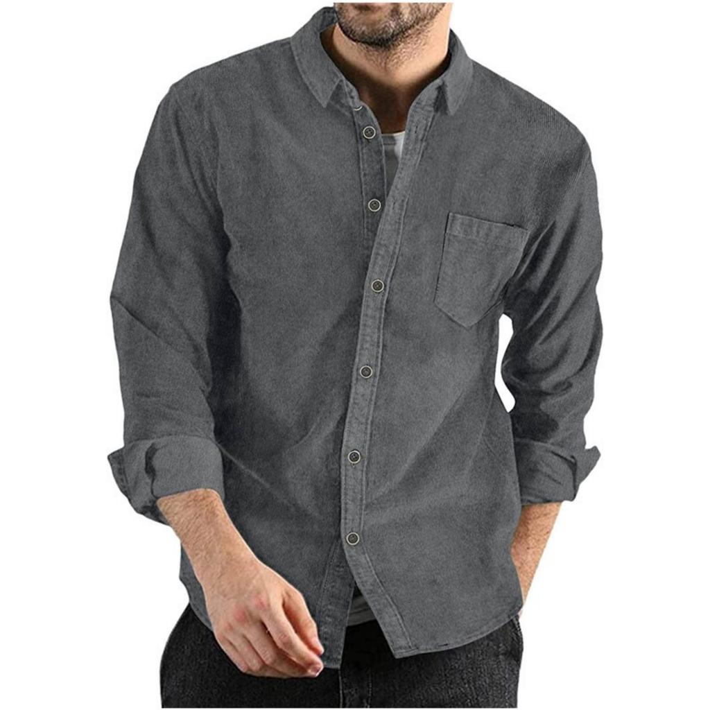 Men's Casual Loose And Fashionable Lapel Solid Color Sporty Long-sleeved Men's Button-down Corduroy Shirt Top