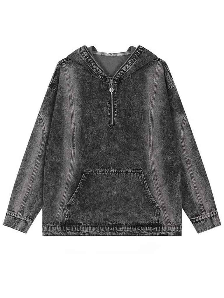 Unisex Retro Distressed Denim Hoodie Jacket - Spring/Autumn Loose Fit