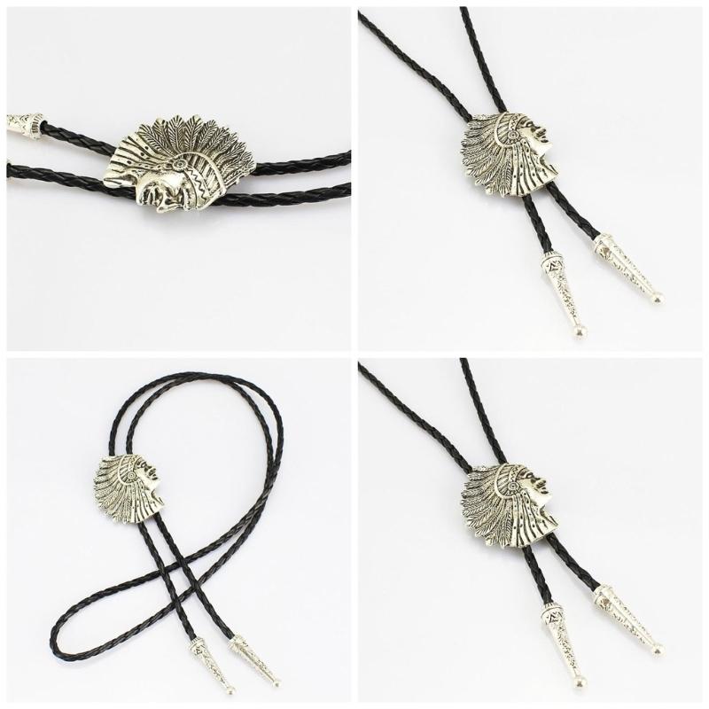 Handmade Jewelry Bolo Tie Western Cowboy Faux Leather Rope Necktie with Indian Head Metal Feathered Pendant Necklace