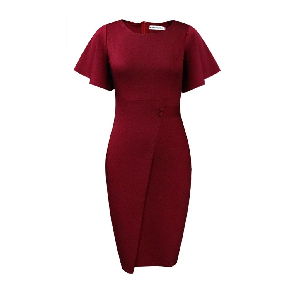 Women's Round Neck Flutter Short Sleeve Midi Dress Slim High Waist Solid Split Pencil Dress Polyester Spandex Elegant Office Bodycon Dress