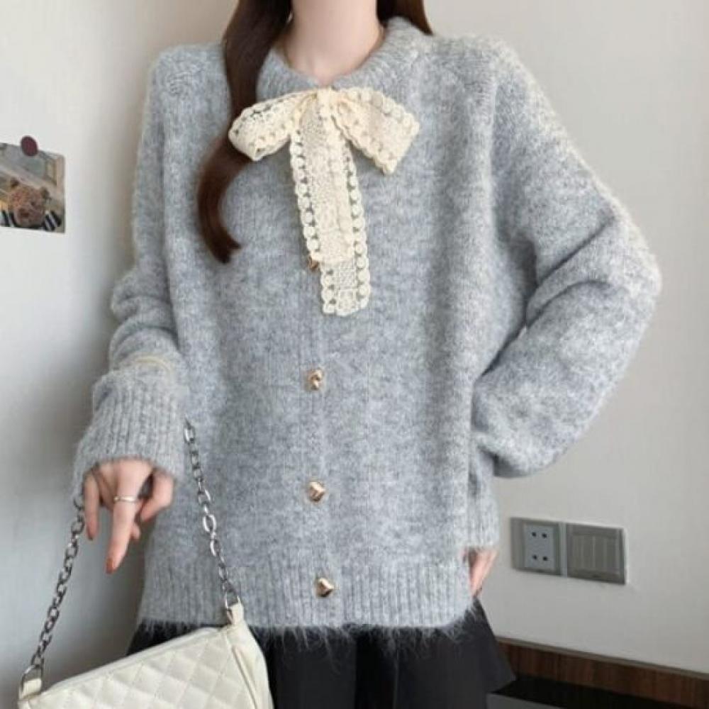 Navava Women Lovely Lace Ribbon Long Sleeve Knit Cardigan Nk3433