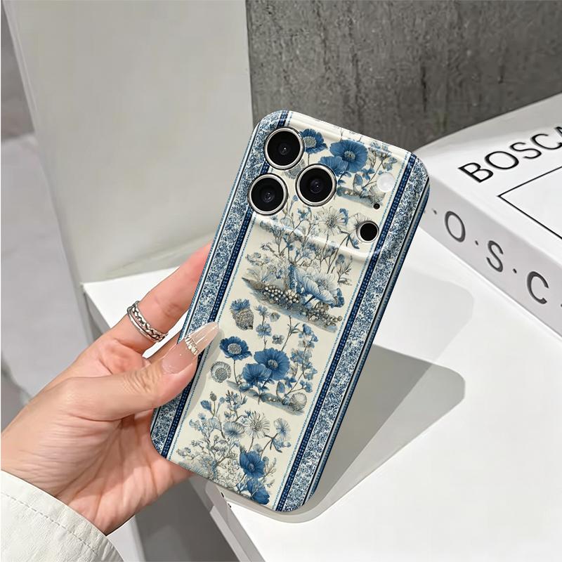 Classic Blue White Border Botanical Art Graphic Film Aesthetic Protective Shockproof Bumper Phone Case For iPhone 13 14 15 16 17 Pro Max Plus