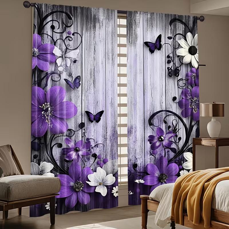 2Pcs Purple Flower Butterfly Print Curtains,suitable for Bedroom,living Room Kitchen Decoration,home Decoration,window Decor