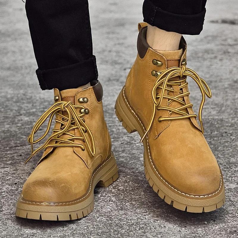 Fashion Warm New Plush Fur Winter Man Brand Yellow Outdoor Lace Up Cowboy Boots Leather Motocross Boots Fashion Non-Slip Men Ankle Boots