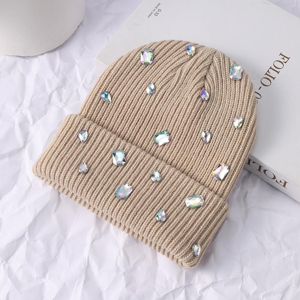 Rhinestone-embellished Pullover Knit Cap Solid Color Skull Cap Rhinestone-adorned Hat Winter