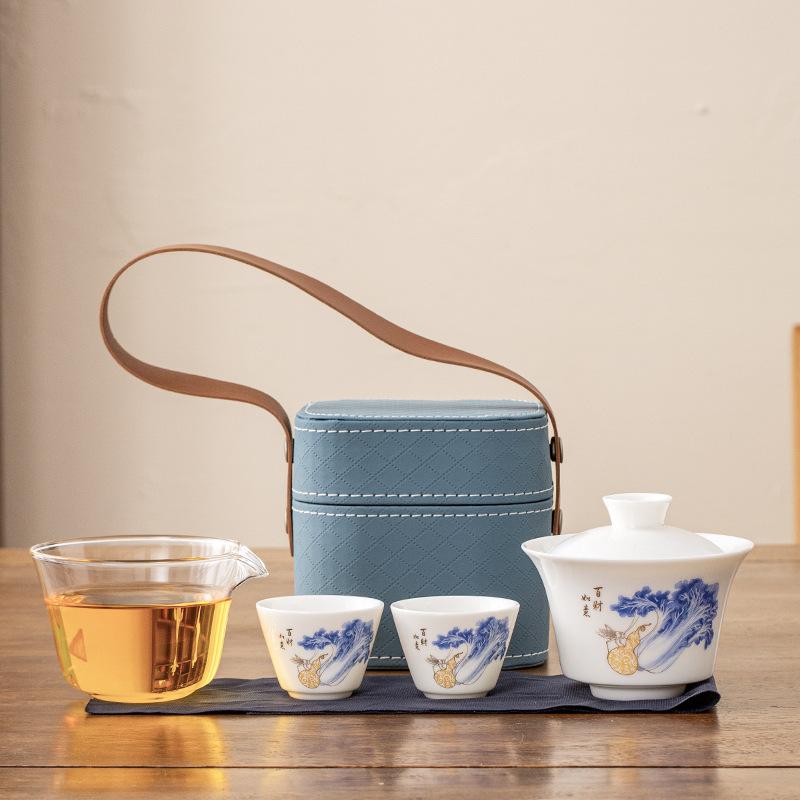 White Porcelain Blue And White Cover Bowl Outdoor Travel Kung Fu Tea Set Ceramic Cover Bowl Express Cup One Pot Two Cups Portable Bag