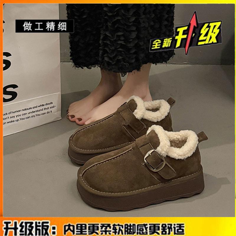 Leather thick-soled all-inclusive velvet thermal women's shoes, winter new one-pedal snow boots, bread wool cotton shoes