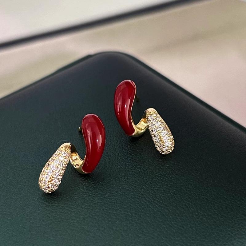 New Year's red rhinestone stud earrings women's sterling silver niche design high-end earrings New Year's popular earrings