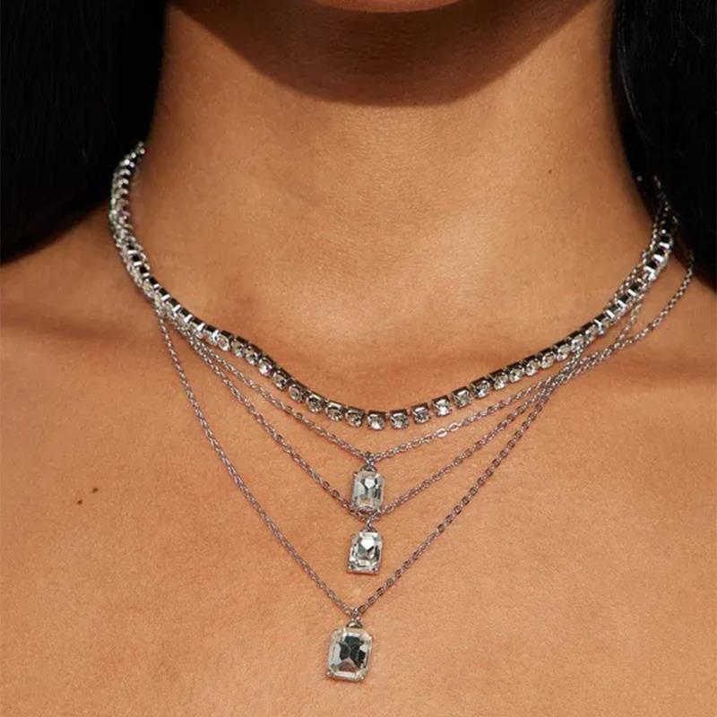 Square Rhinestone Pendant, Personalized Multi-layer Necklace, Light Luxury and High-end Sense, Full Diamond Chain Necklace, Necklace Jewelry for Women