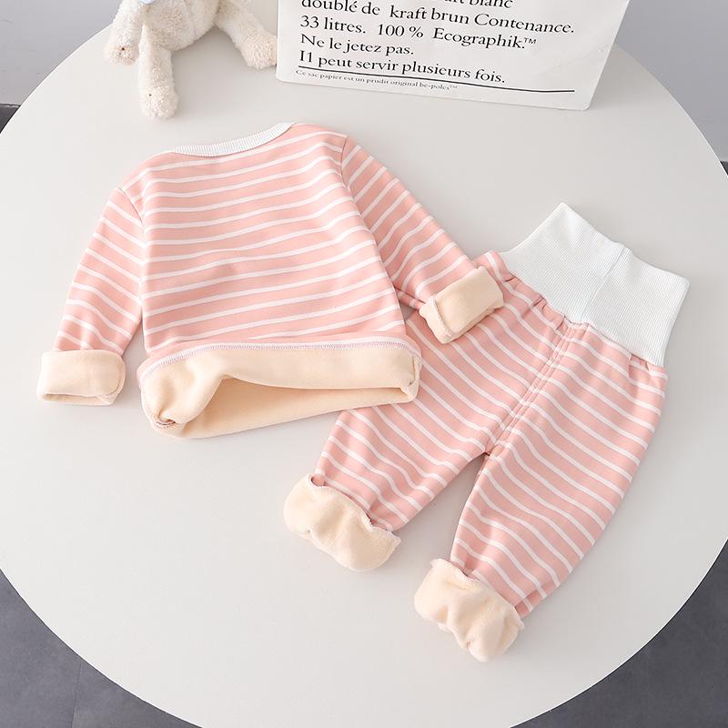 Children's Warm Striped High-Waist Underwear Set for Spring and Autumn - Plus Velvet for Babies, Toddlers, and Kids