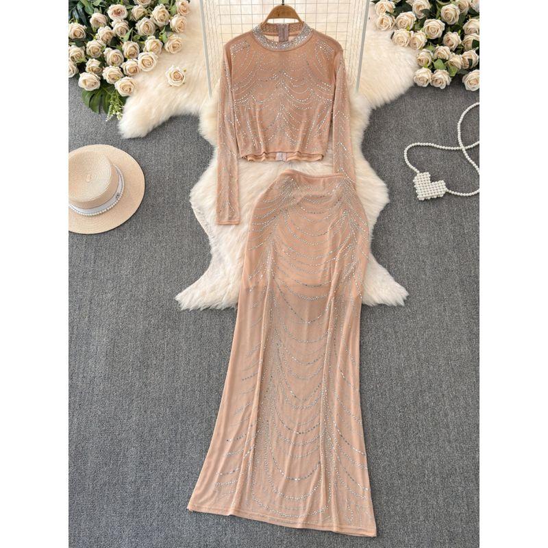 Influencer Picks 2024 Summer New Arrival Elegant Socialite Heavy Embroidery Hot Drilling Yarn Tops + Long Sheath Skirt Suit
