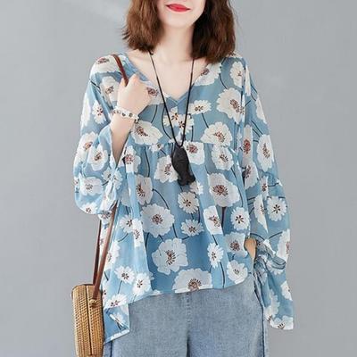 Schicke Vintage Baumwolle Leinen Übergröße Damenbluse Damen 3/4 Fledermausärmel Kleidung Übergroß V-Ausschnitt Puppenhemd Bequemes Chiffon-Top