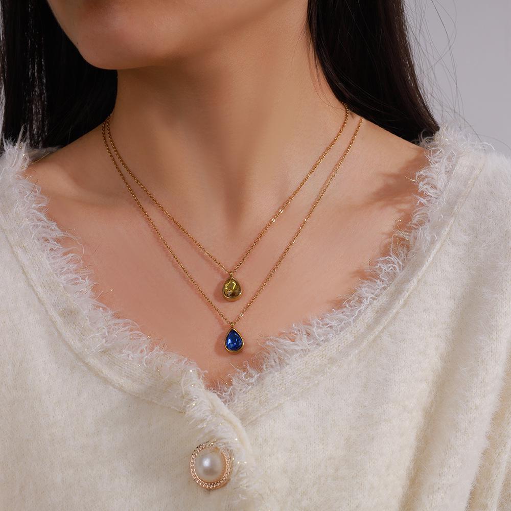 18K Gold Plated Stainless Steel Water Drop Diamond Pendant Necklace for Women - French Light Luxury Style