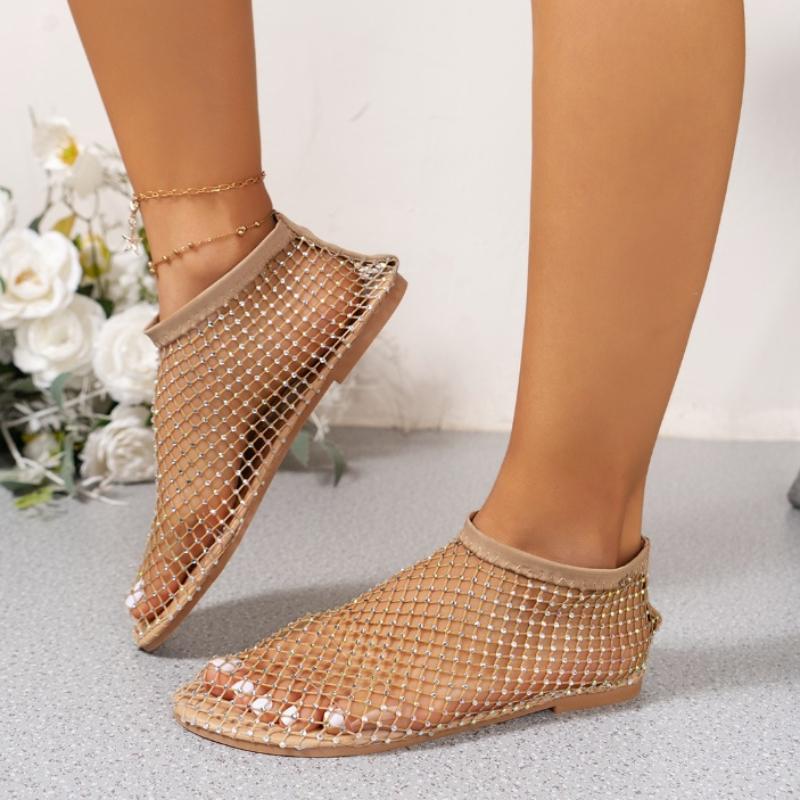 Sommer-Sandalen mit runder Spitze, hohles Netz, Diamant-Kurzstiefel – sexy, große Größe, flache Schuhe
