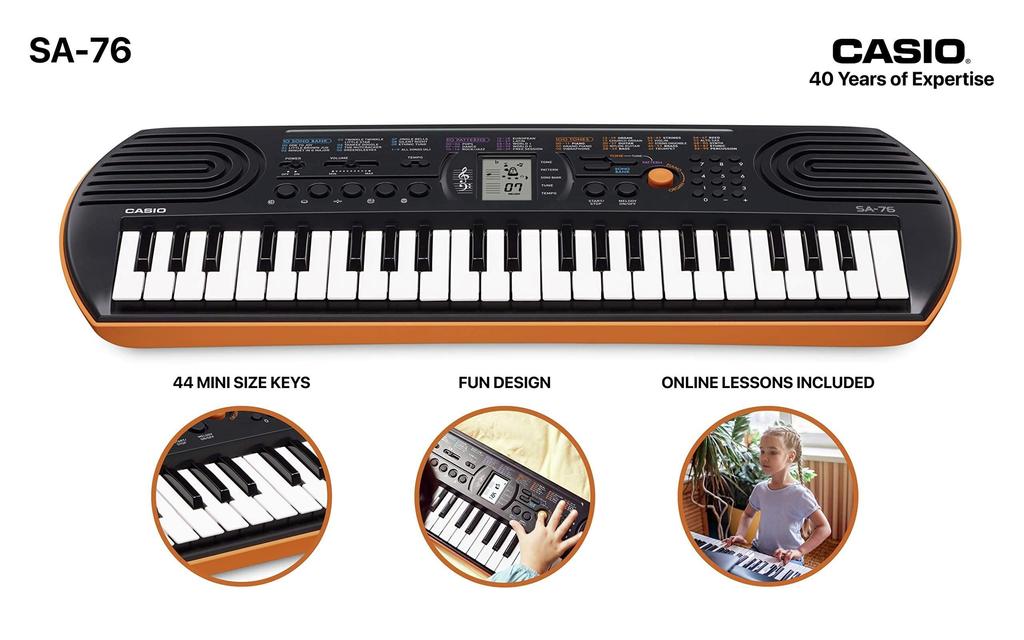 Casio Mini Keyboard Casiotone 44 Mini 100 Accurate Pitch for Convenient LCD Dual Power Supply (CASIO) SA-76 Keys, Built-in Tones, Tuning, Screen,