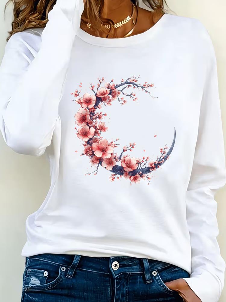 (Asian Size) Love Heart Watercolor Trend Tee Lady Printed O-neck Long Sleeve T Shirt Women Female Clothing Casual Fashion Top Graphic T-shirts
