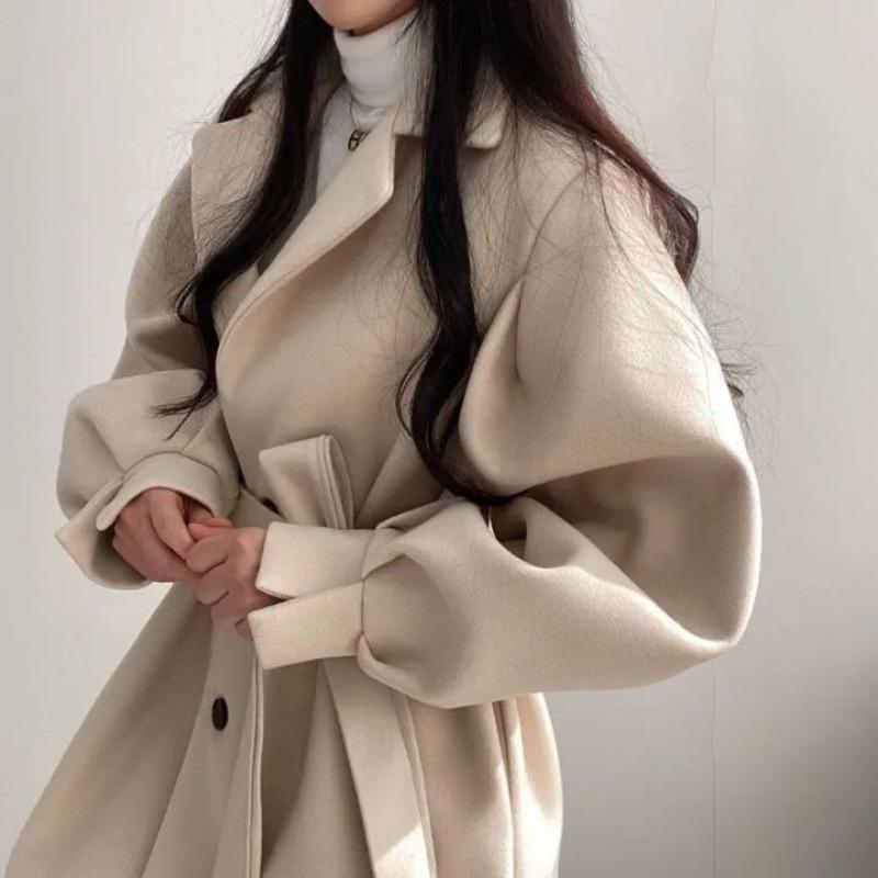 Korean Version of Chic Autumn and Winter Loose Style Coat Women's Woolen Suit Collar Mid-length Woolen Coat Women