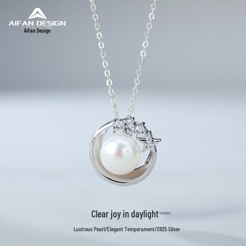 S925 Sterling Silver Star & Moon Freshwater Pearl Necklace - Fashionable, Versatile Clavicle Design for Women