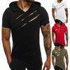 Men Causal Short Sleeve Ripped Irregular Hem Slim Blouse T-shirt Fitness Hoodie