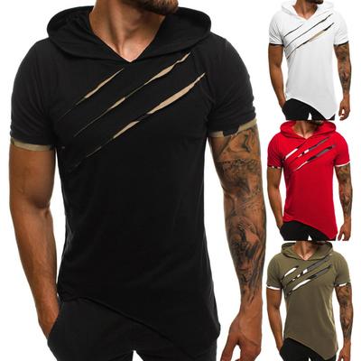 Men Causal Short Sleeve Ripped Irregular Hem Slim Blouse T-shirt Fitness Hoodie