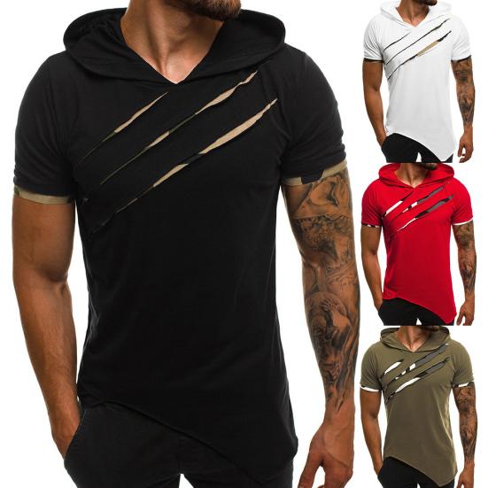 Men Causal Short Sleeve Ripped Irregular Hem Slim Blouse T-shirt Fitness Hoodie