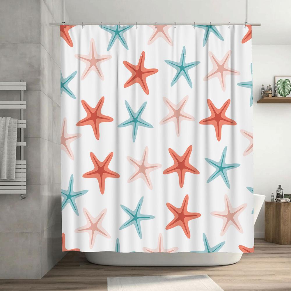Modern Bathroom Decor: Pink Blue Starfish Shower Curtain For Bathtub Or Sink Area Water Repellent Fabric With Hook Rings Availab