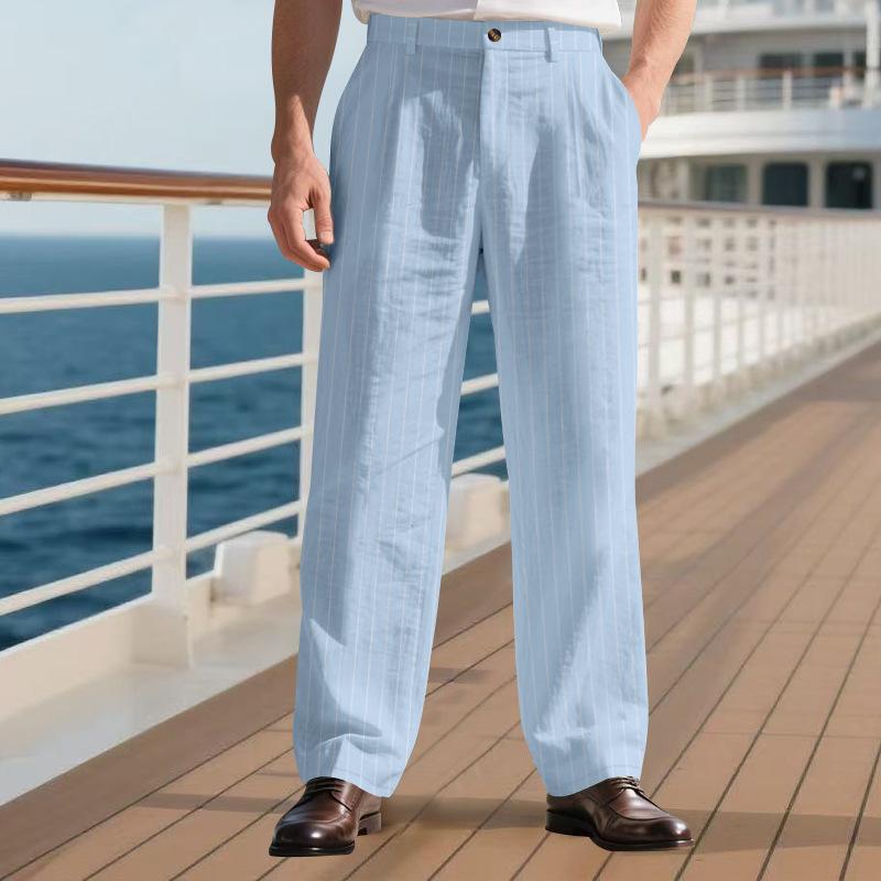 Men's Linen-Blend Relaxed Fit Breathable Casual Trousers with Vertical Stripes and Straight Leg Design