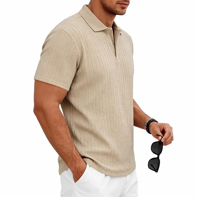 Mens Summer Textured Short Sleeve Polo Shirt Business Casual Solid Lapel Top