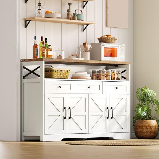 Buffet Sideboard 140cm with Storage Space, Coffee Bar with 3 Drawers, Country Style Console with Doors, Cupboards with Shelves, Suitable for Kitchen,