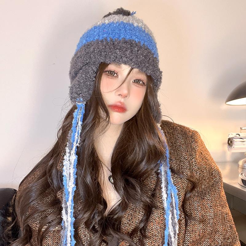 Hat Women's Autumn and Winter Big Head Circumference Warm Lei Feng Hat Wool Circle Velvet Ear Protection Knitted Cold Hat Striped Wool Hat