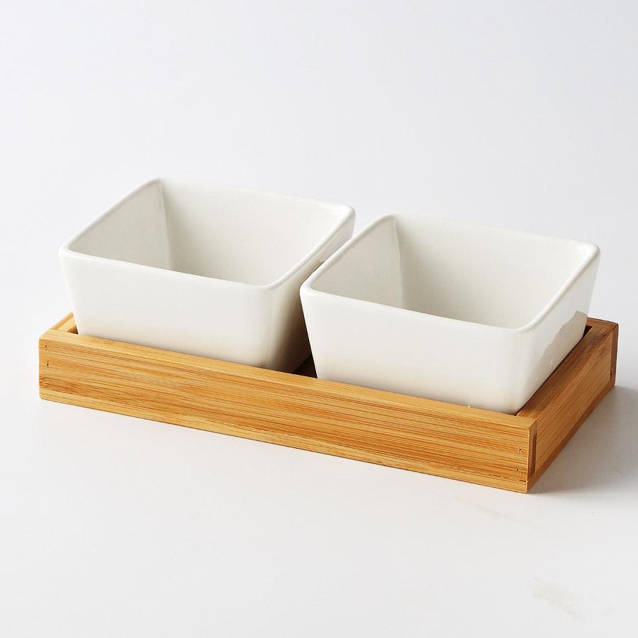 MUZITY Keramik Dessertteller Quadratische Form Obstteller Mit Bambus- und Holztablett Porzellan Kuchen- oder Süßigkeitenteller