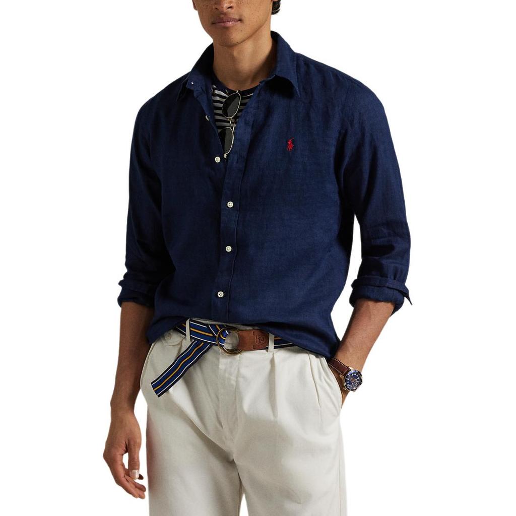 Polo Ralph Lauren Linen Solid Wide Collar Long Sleeve Shirt Classic Fit Men shirts Dark-Blue MNPOWOV16824374-410