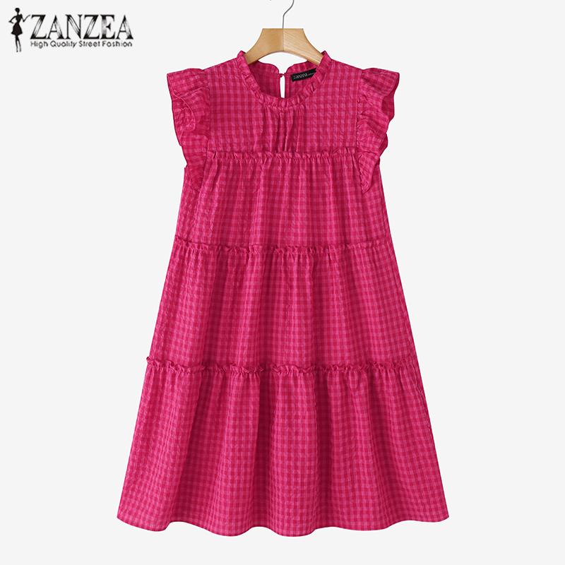 

ZANZEA Women Summer Round Neck Sleeveless Grid Print Tank Dress 3XL синій