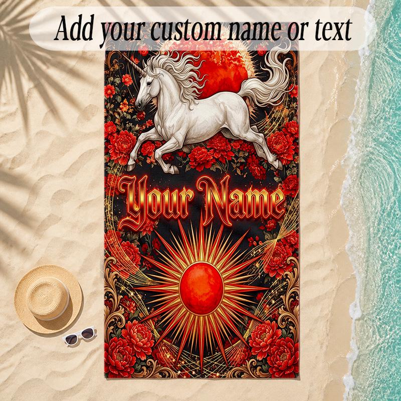 Unicorn Theme Soft Beach Towel Personalized Custom Name Text Towel Portable for Beach Pool Travel