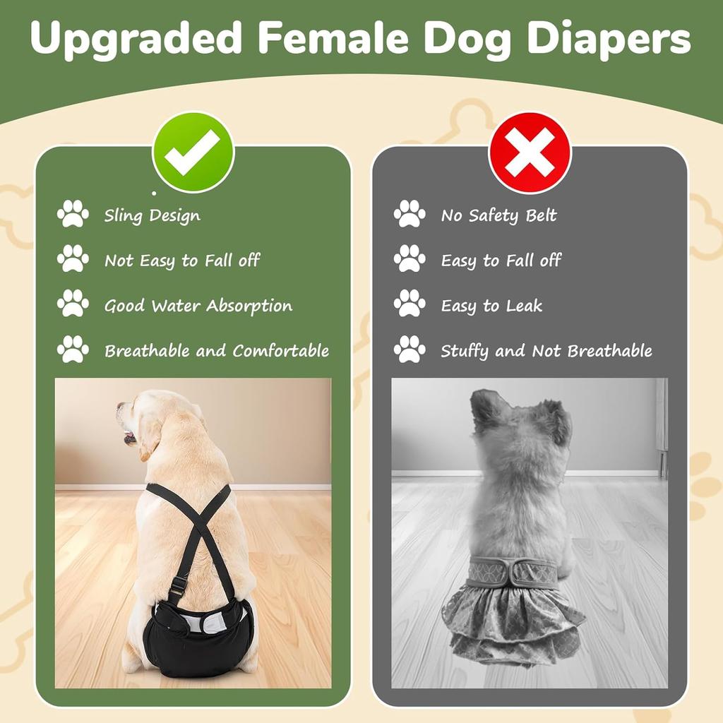 Dog Diapers Female, 3 Pack Puppy Diapers Female, Washable Reble Dog Diapers with Suspender for Peeing for Small Medium Large Female Dog in Heat Cycle