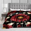 Red Floral blanket with Golden Leaves on Black Background Design blanket, suitable for use in the bedroom, living room, on the sofa