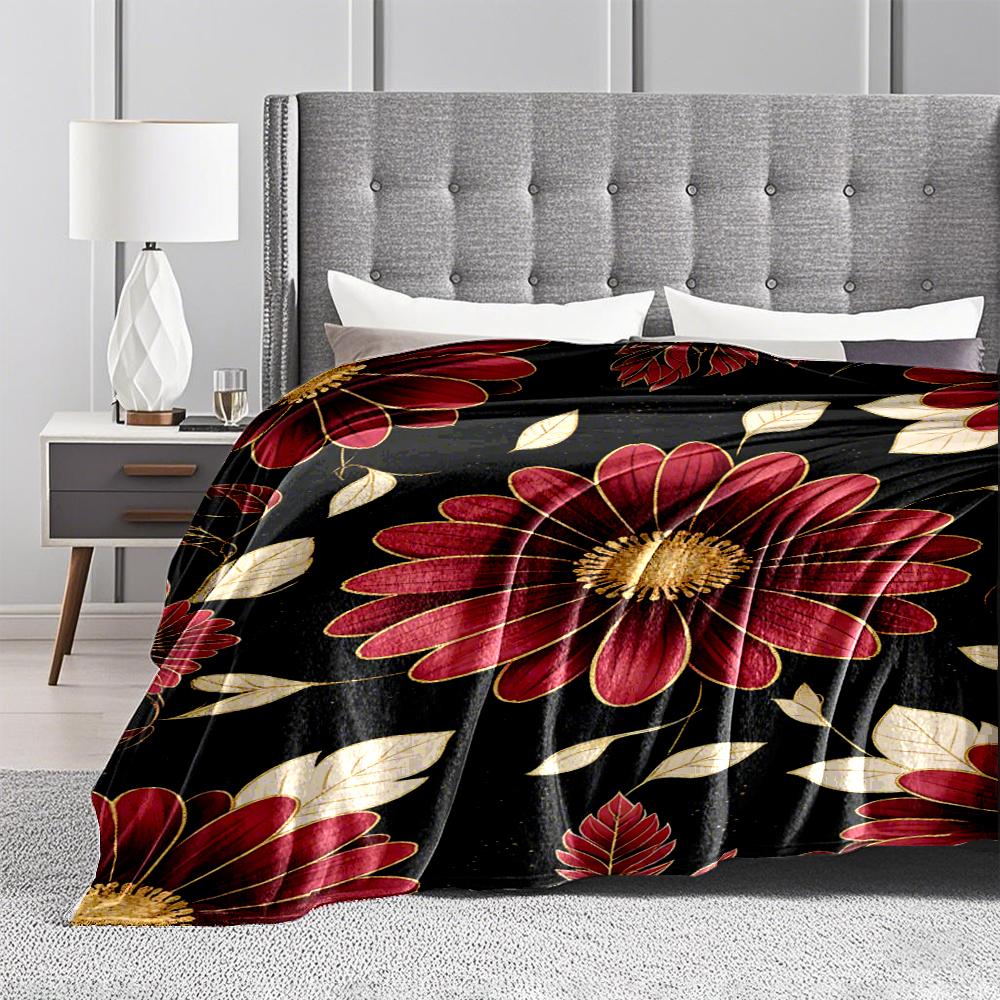 Red Floral blanket with Golden Leaves on Black Background Design blanket, suitable for use in the bedroom, living room, on the sofa
