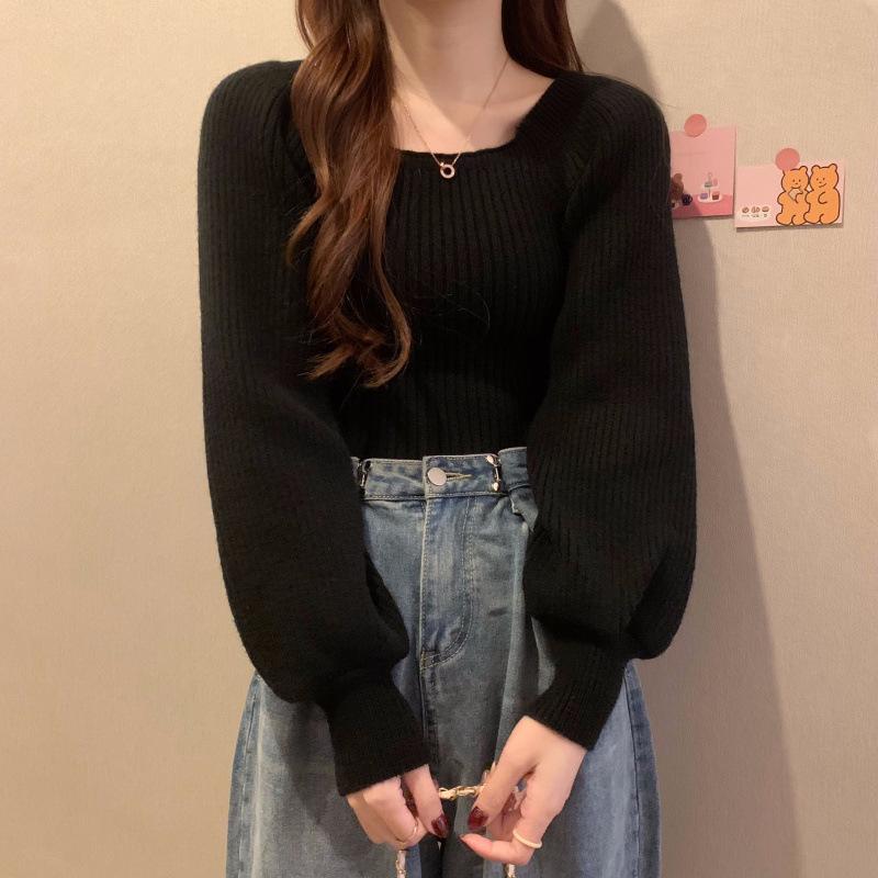 High-End Puff Sleeve Square Neck Sweater - Autumn/Winter Slim Fit Versatile Top