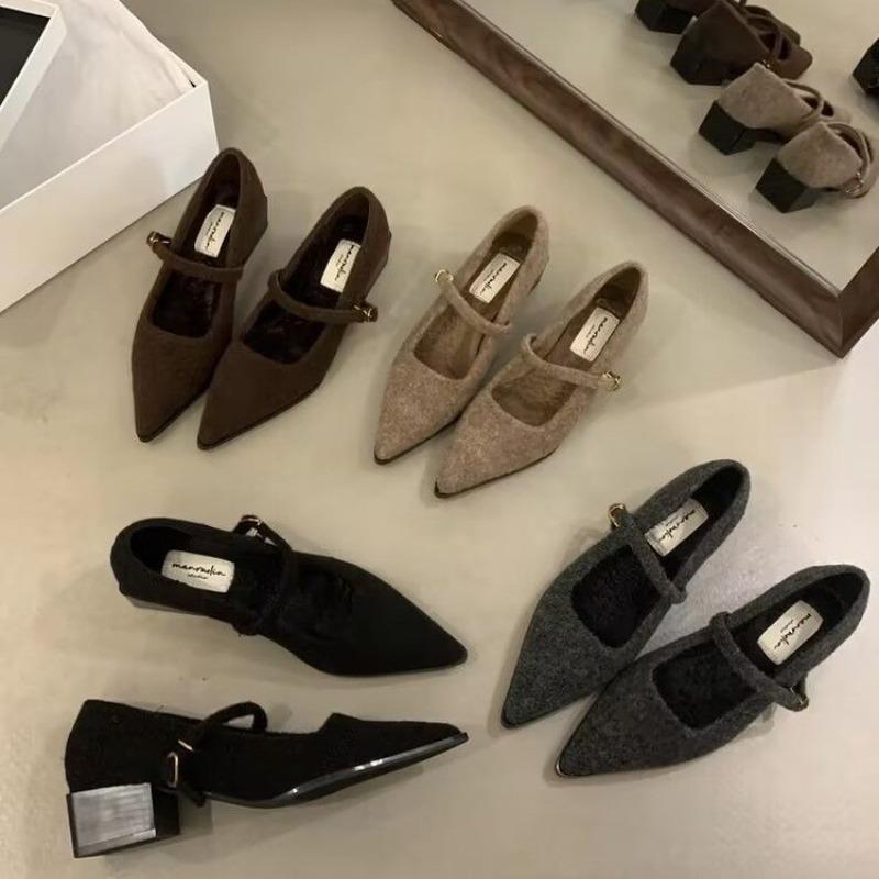 Winter Cotton Women Mary Jane Shoes Shallow Pointed Toe Shoes Concise Square Heels Shoes Zapatillas De Mujer