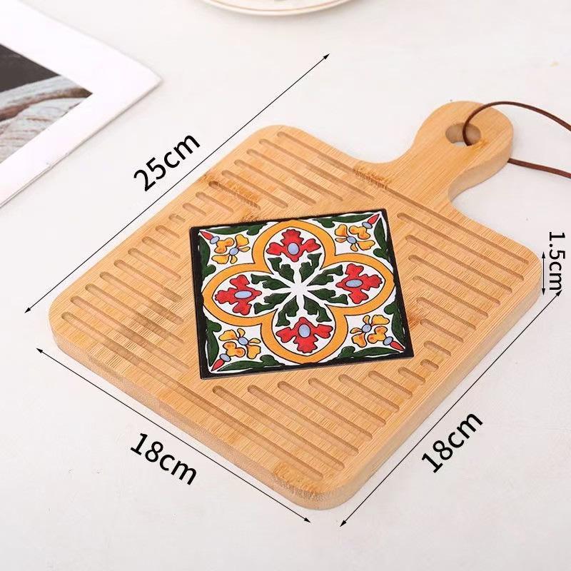 Retro Insulated Wooden Placemat for Pots and Plates, Flower Tile Design
